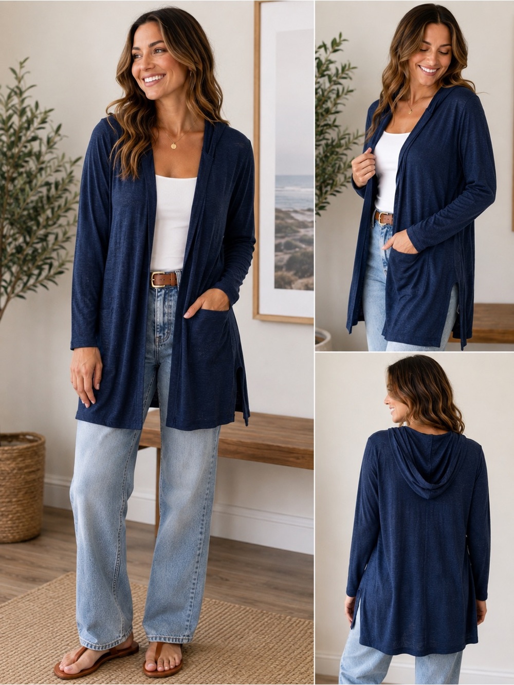 Cynthia Rowley 100% Linen Hooded Cardigan Duster XL Blue Coastal Longline J36